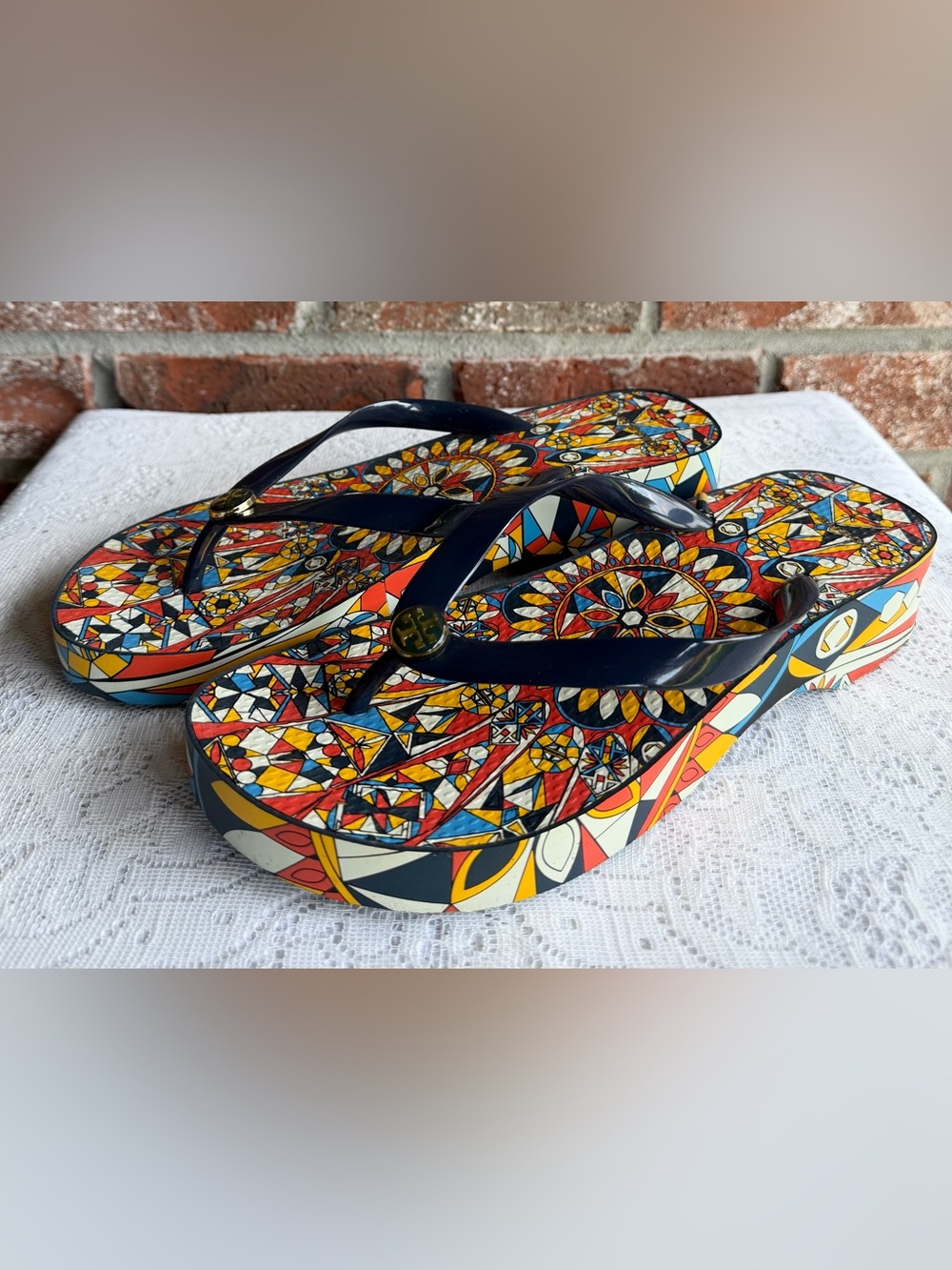 Tory Burch Wedge Flip Flop in Psychedelic Geo/Tory Navy.